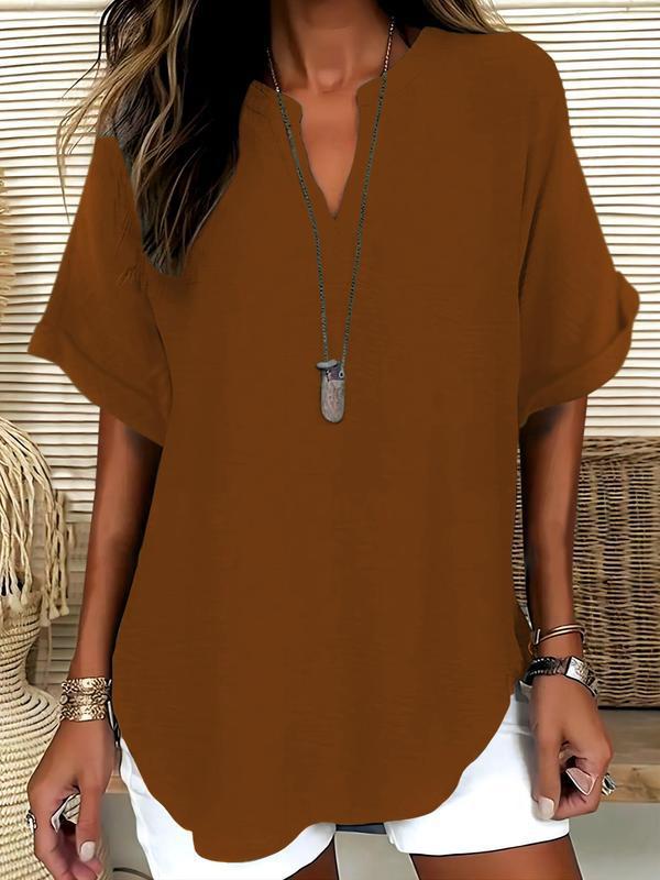 ✨✨LAST DAY SAVE 49% ⏰🔥Women's Plain Short Sleeve Blouse, Casual Solid Color Top for Daily Wear, Ladies Clothes for All Seasons