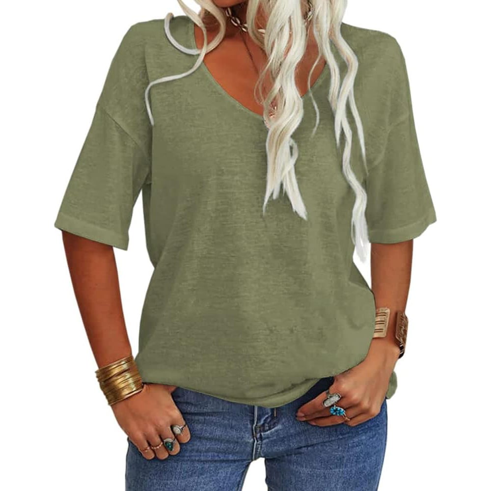 ✨✨LAST DAY SAVE 49% ⏰Women's Soft Solid Color Vneck Tshirt Cotton Half Sleeve Half Sleeve Casual Loose