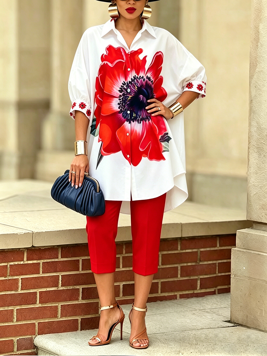 ✨✨Time-Limited Special⏰Artistic Stylish Scarlet Bloom Shirt And Pants Two-piece Set