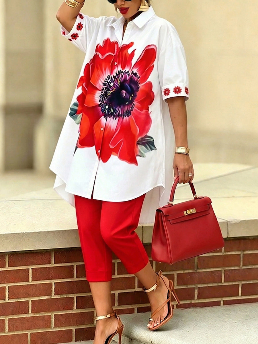 ✨✨Time-Limited Special⏰Artistic Stylish Scarlet Bloom Shirt And Pants Two-piece Set