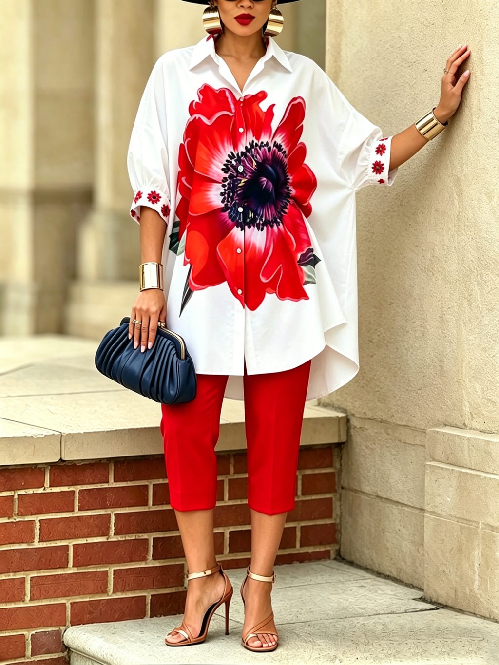 ✨✨Time-Limited Special⏰Artistic Stylish Scarlet Bloom Shirt And Pants Two-piece Set