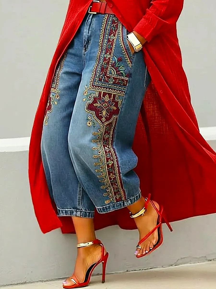 ✨✨Last Day 49% OFF🎁Women's Retro Floral Pattern Art Print Casual Jeans